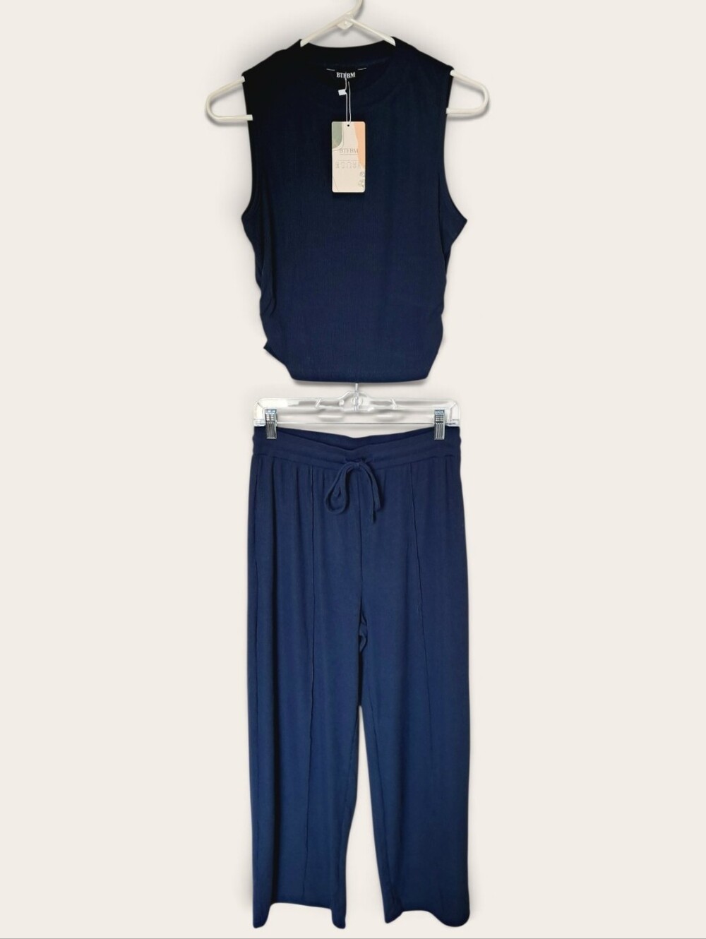 BTFBM Lounge Set Cropped Tank Top & Wide Leg Pants Size Medium Navy Blue